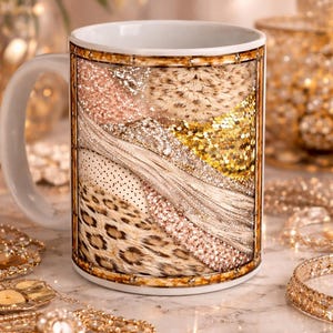 Neutral Pink Leopard Patchwork Mug | Animal Print Boho Glam Stained Glass