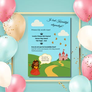 Kinderparty Einladung Prinzessin Mädchen | Digitale Karte mit Prinzessinnenmotiv | Canva-Vorlage für Geburtstagseinladungen für Mädchen