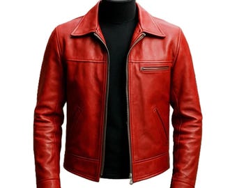 Rote Lederjacke für Herren Classic Biker Motorrad Vintage Style Zip Up Moto Coat