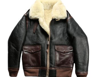 Men's Bomber Aviator Shearling Jacket Genuine Cowhide Leather Jacket Fur Inside