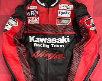 Kawasaki Ninja Racing Leather Jacket: Red & Black Cowhide Biker