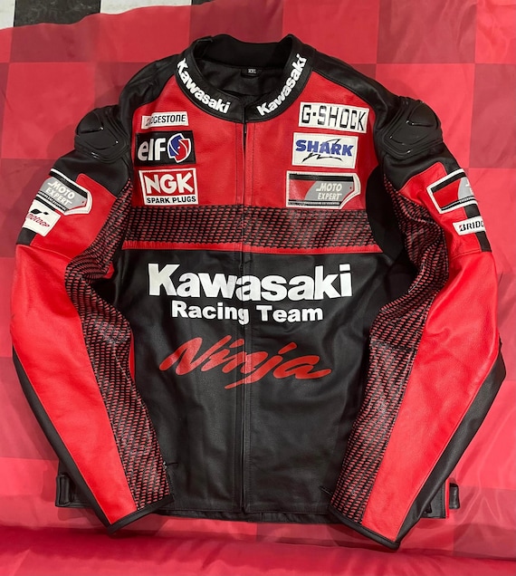 Kawasaki Ninja Racing Leather Jacket: Red & Black Cowhide Biker