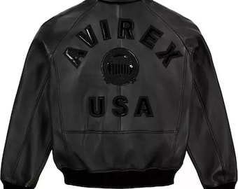 Men's Avirex Black American Bomber Flight Style Genuine Cowhide Leather Jacket