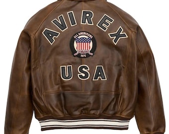 Men Avirex Brown Real Bomber American Flight Jacket Leather Jacket