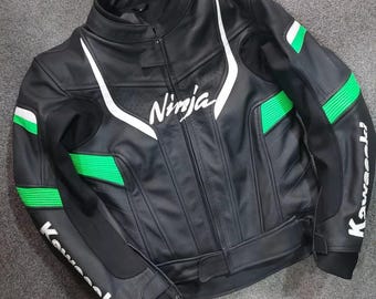 Chaqueta de cuero para moto Kawasaki Ninja: Chaqueta de cuero de vaca para carreras de motociclistas