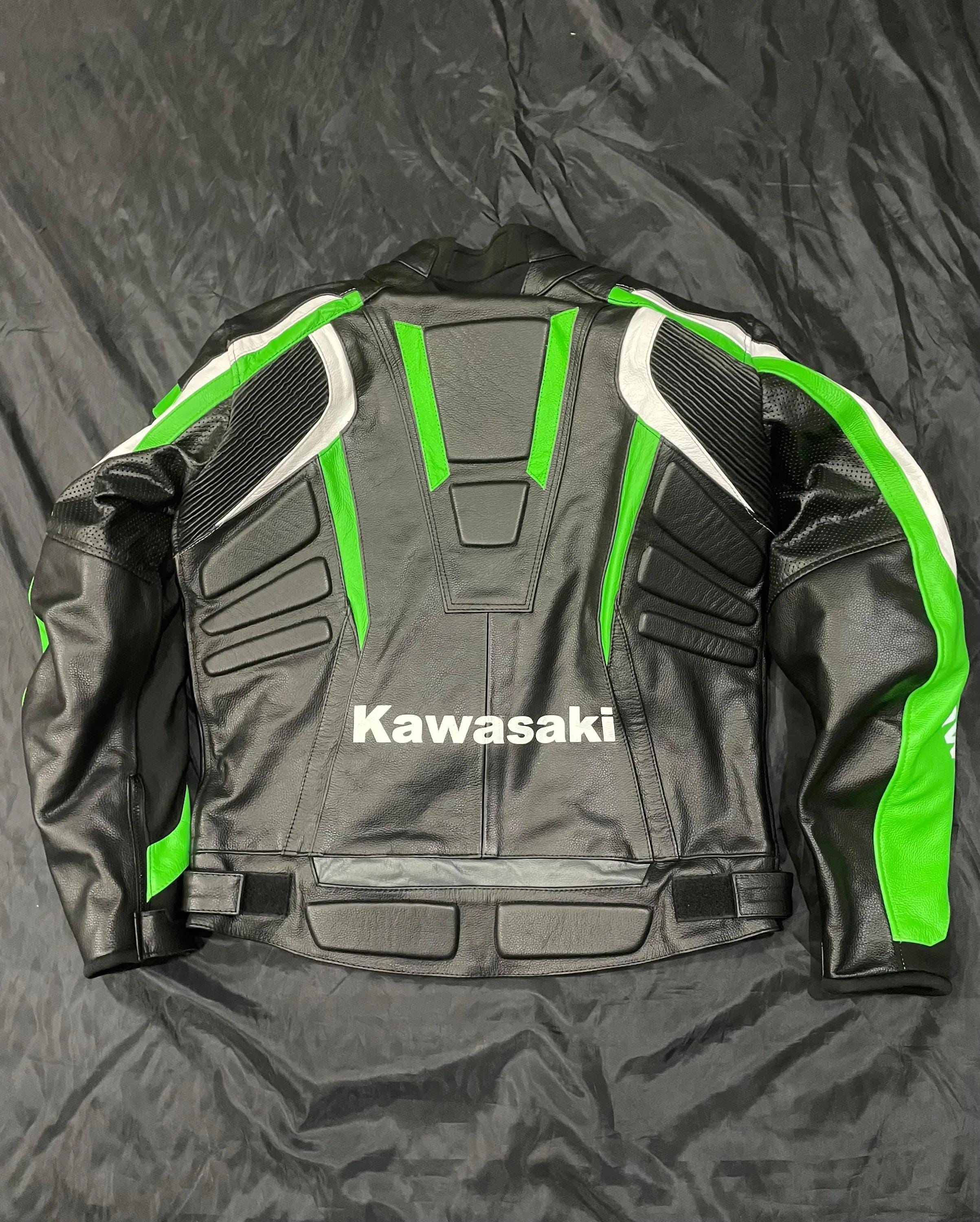 Men's Kawasaki Racing Leather Motorcycle Jacket – Green & Black