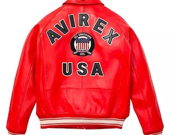 Men’s Avirex Red Real Bomber American Flight Jacket Leather Jacket for Men Gift