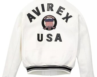 Herr Avirex Vit Äkta Bomber American Flight Jacket Äkta Fårskinnsjacka