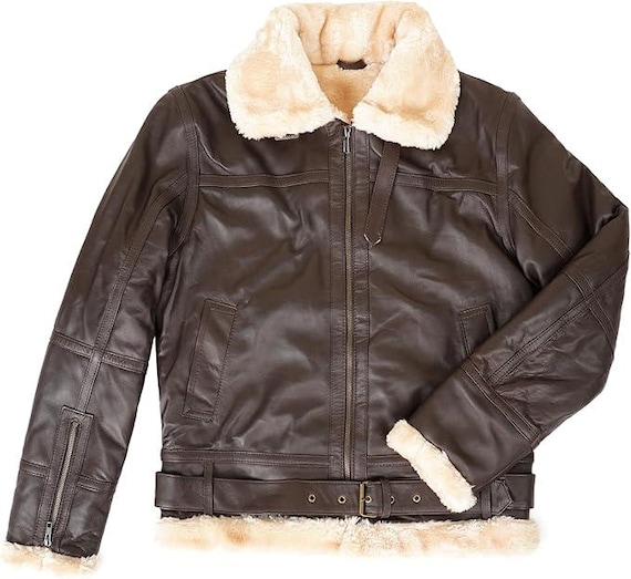 Men’s Brown Leather Fur Collar Jacket Shearling Classic Genuine Sheepskin Bomber Jacket