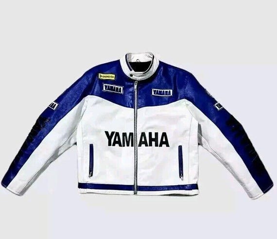 Men's Yamaha Racing Leather Biker Jacket: Blue & White Motogp