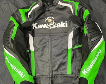 Men's Kawasaki Racing Leather Motorcycle Jacket – Green & Black Sportbike Riding Gear – Protective Biker Jacket