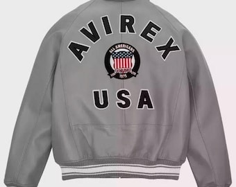 New Men's Avirex Grey American Flight jacket Real Bomber Sheepskin Leather Varsity Jacket
