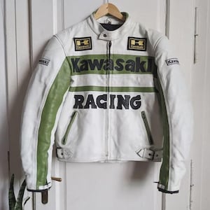 Vintage Kawasaki Racing Leather Jacket Motorcycle Motorbike Jacket Genuine Cowhide Biker Leather Jacket