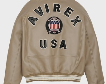 Avirex Varsity Leather Bomber Jacket - Beige American Flight Style