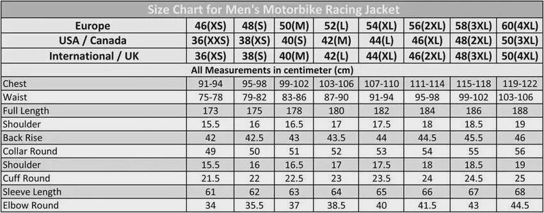 May include: A size chart for men's motorbike racing jackets, displaying measurements in centimeters. The chart includes sizes for Europe, USA/Canada, and International/UK, with chest, waist, and other dimensions listed for each size, from XS to 4XL.