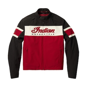 May include: A black, red, and white motorcycle jacket with the text "Indian MOTORCYCLE" across the chest. The jacket has a zip-up front, a stand-up collar, and red and white stripes on the sleeves.