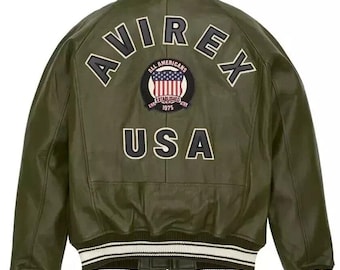 Men's AVIREX Bomber American Flight Jacket Olive Green soft Leather Jacket