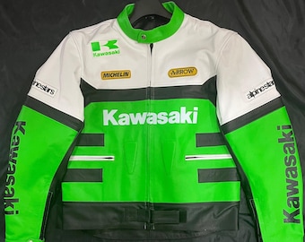 Vintage Kawasaki Racing Leather Jacket: Cowhide Biker Jacket