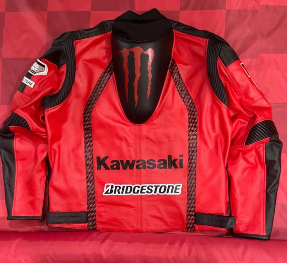 Kawasaki Ninja Racing Leather Jacket: Red & Black Cowhide Biker