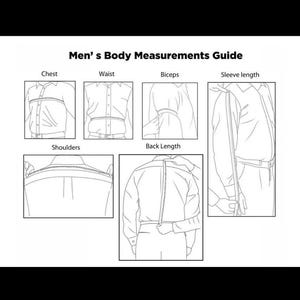 May include: A black and white diagram titled "Men's Body Measurements Guide." The guide illustrates how to measure chest, waist, biceps, sleeve length, shoulders, and back length. Each measurement is shown with a line drawing of a person.