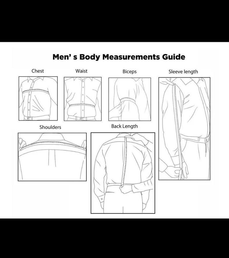 May include: A black and white diagram titled "Men's Body Measurements Guide." The guide illustrates how to measure chest, waist, biceps, sleeve length, shoulders, and back length. Each measurement is shown with a line drawing of a person.