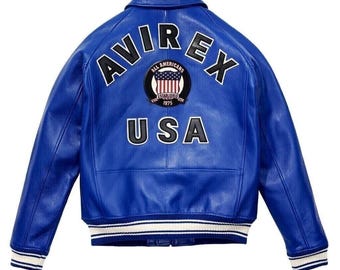 Avirex USA Blue Leather Bomber Jacket: Genuine Sheepskin