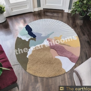 Round Abstract Wool Rug – Handmade Colorful Modern Area Carpet | Customizable Circular 100% Wool Floor Art | The Earthlooms