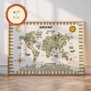 Peut inclure: Une carte du monde encadrée avec un cadre en bois clair. La carte présente une palette de couleurs verte et blanche avec des illustrations d'animaux et de monuments. Le texte "WORLD MAP" est en haut. Le texte "Will & Sisi" est dans un cercle en haut à gauche.