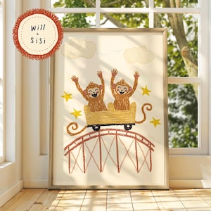 May include: A framed print with a playful illustration of two monkeys on a roller coaster. The monkeys are in a yellow cart, with their arms raised. The print includes yellow stars, clouds, and the text "Will & Sisi".