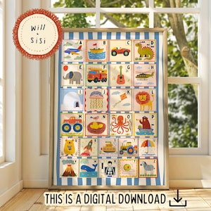 May include: A framed alphabet chart with colorful illustrations of various objects, each paired with a letter. The artwork includes a plane, boat, car, dinosaur, elephant, fire truck, guitar, and more. The text "THIS IS A DIGITAL DOWNLOAD" is at the bottom.