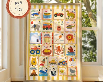 Skurril Alphabet Kinderzimmer Kunst A bis Z Kinder Wand Druck Spielzimmer Lern Illustration Bunt Kleinkind Raum Dekor ABC Lernposter | 01