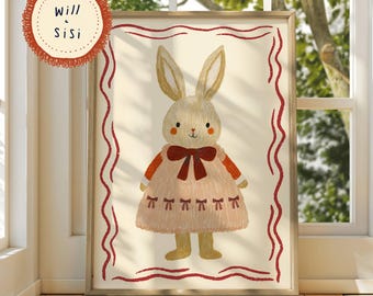 Schattige konijntje strikjurk kinderkamer print kerst kinderkamer kunst grillige dieren illustratie zacht konijntje muur decor babymeisje slaapkamer kunstwerk | 11