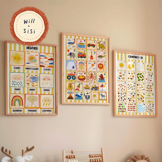 Educational Nursery Wall Art Set Playroom Decor Kids Learning Prints Weather Alphabet Counting Posters Toddler Room Art | 07