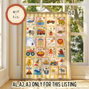 May include: A framed alphabet poster with colorful illustrations of various objects, animals, and vehicles, each corresponding to a letter. The poster has a yellow and white striped background and includes the text "Will & Sisi".