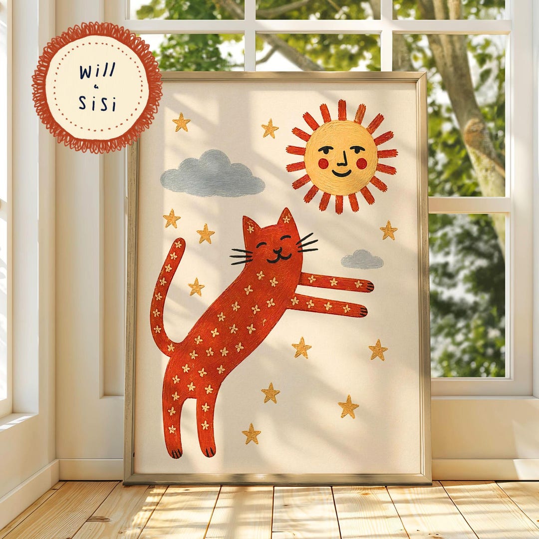 Cute Cat Wall Art Kids Room Decor Folk Art Print Nursery Poster Sun ...