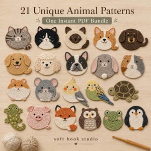 Ensemble de 21 patrons de sous-verres animaux au crochet (PDF), collection de dessous de tasse pliables, porte-gobelet chat