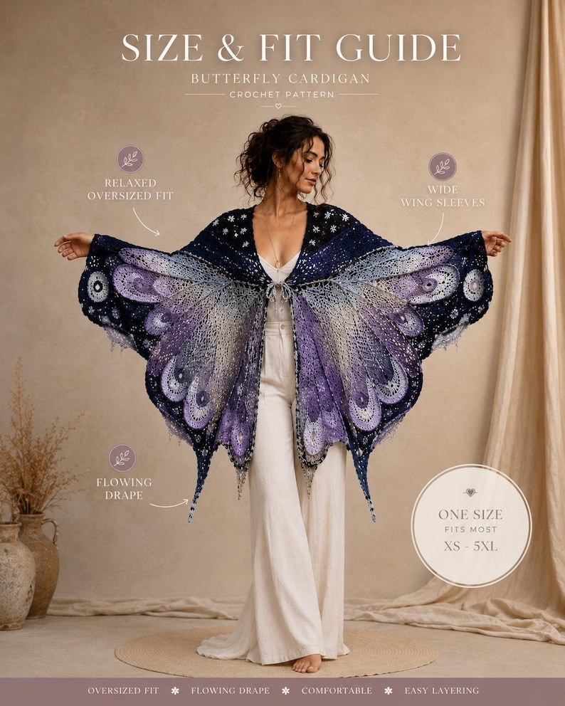 May include: A crochet butterfly cardigan featuring a gradient of dark blue, purple, and light lavender tones. The garment has wide wing sleeves and a flowing drape. Text includes SIZE & FIT GUIDE, BUTTERFLY CARDIGAN, CROCHET PATTERN, RELAXED OVERSIZED FIT, WIDE WING SLEEVES, FLOWING DRAPE, and ONE SIZE FITS MOST XS - 5XL.