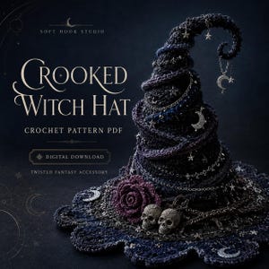 Haakpatroon voor een scheve heksenhoed (PDF), griezelig gotisch Halloweenkostuum, fantasieaccessoire met een twist, direct te downloaden.