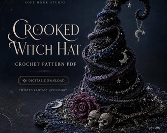 Häkelanleitung für einen schiefen Hexenhut (PDF), gruseliges Gothic-Halloween-Kostüm, ausgefallenes Fantasy-Accessoire, Sofort-Download