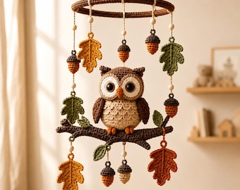 Häkelanleitung für ein Eulen-Babymobile (PDF), Wald-Kinderzimmerdeko, Amigurumi-Eulen-Anleitung, Herbstliches Häkelmobile, DIY-Babygeschenk