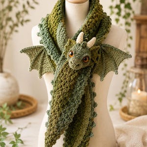 May include: A crochet scarf designed to resemble a green dragon, featuring a detailed dragon head with orange eyes and cream-coloured horns, textured scales along the length, and two outstretched wings attached to the sides of the neck area.