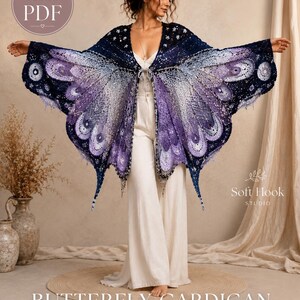 May include: A crochet butterfly cardigan pattern PDF featuring a dark navy and purple gradient wing design with intricate lace detailing. The text reads Pattern PDF, Soft Hook Studio, and BUTTERFLY CARDIGAN CROCHET PATTERN with additional descriptive text.