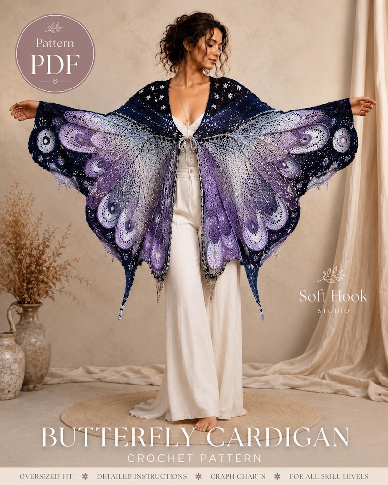 May include: A crochet butterfly cardigan pattern PDF featuring a dark navy and purple gradient wing design with intricate lace detailing. The text reads Pattern PDF, Soft Hook Studio, and BUTTERFLY CARDIGAN CROCHET PATTERN with additional descriptive text.