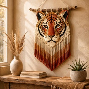 May include: A macrame wall hanging featuring a detailed tiger head design in shades of orange, black, and cream. The tiger face is crafted with intricate knotting and is suspended from a natural wooden branch with a long, layered fringe at the base.