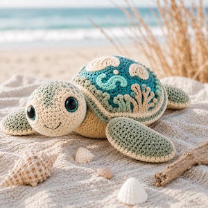 Può includere: Un peluche a forma di tartaruga marina realizzato all'uncinetto, con testa e pinne color crema e un guscio turchese e beige decorato con motivi in rilievo che raffigurano onde, coralli e conchiglie, completato da grandi occhi scuri e lucidi.