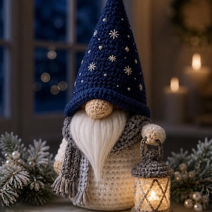 May include: A crocheted gnome figurine wearing a tall navy blue hat embroidered with white snowflakes and stars. The gnome has a beige nose, a long white faux fur beard, and a grey crocheted scarf. It holds a small grey lantern with a light inside.