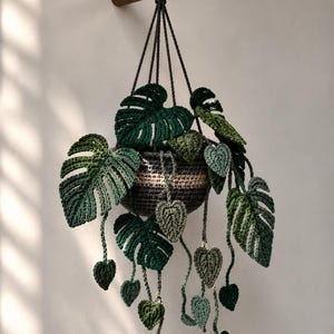 May include: A crocheted hanging plant featuring dark and light green monstera leaves and smaller heart-shaped leaves. The plant is contained in a dark gray and tan crocheted basket, suspended by dark brown yarn cords from a wooden wall hook.