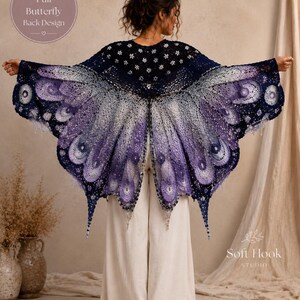 May include: A crochet shawl featuring a butterfly wing design in shades of dark blue, purple, and white. The garment displays intricate lace patterns and scalloped edges. Text on the image reads Full Butterfly Back Design and Soft Hook Studio.