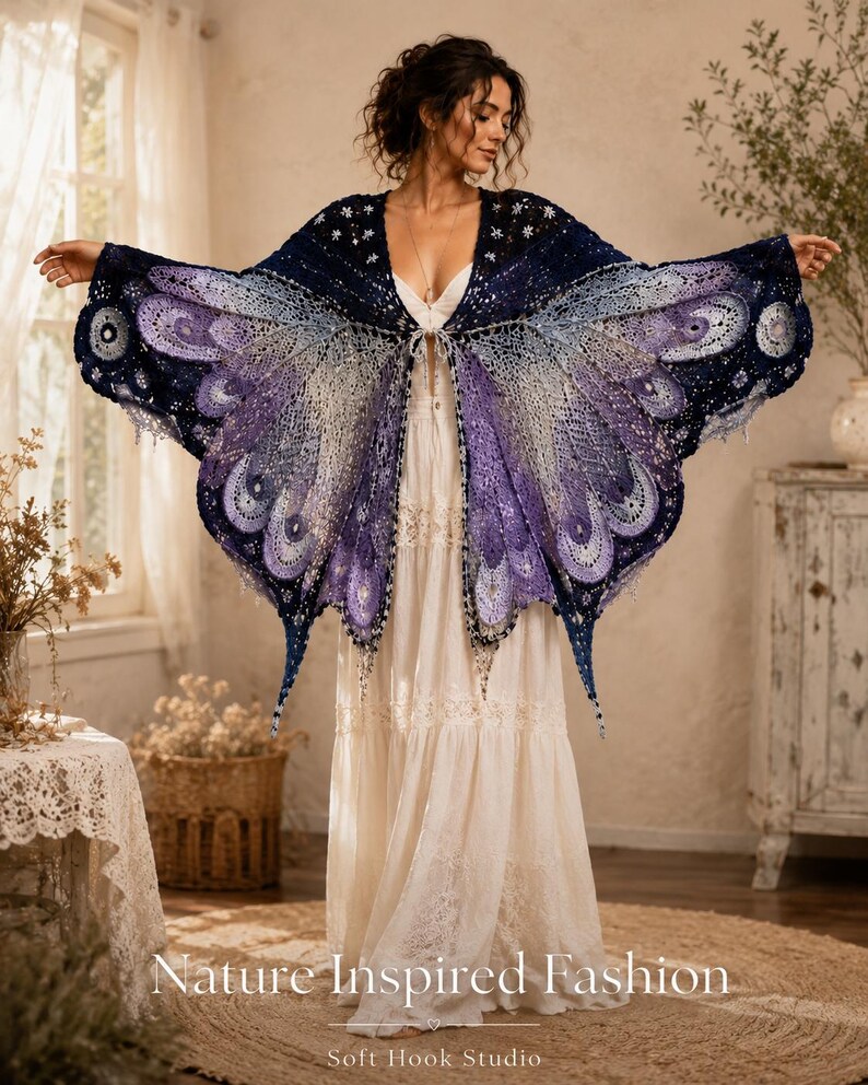 May include: A crochet shawl featuring a butterfly wing pattern in shades of dark blue, purple, and light lavender. The garment has an intricate openwork design with scalloped edges and a central closure. Text at the bottom reads Nature Inspired Fashion Soft Hook Studio.