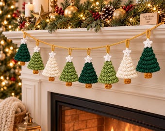 Crochet Christmas Tree Garland Pattern PDF, Mini Xmas Bunting, Hanging Ornaments, Festive Mantel Decor, Instant Download